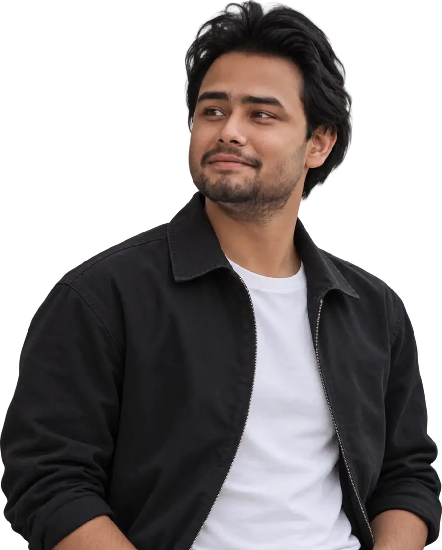 Kushrestha Kamal, swept-back black hair, in a black zip jacket over a white T-shirt, looking to his left